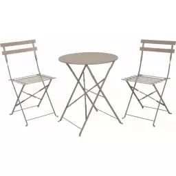 Set table + 2 chaises de jardin pliable en métal taupe