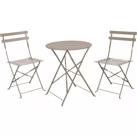 Set table + 2 chaises de jardin pliable en métal taupe