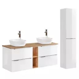 Ensemble meuble double vasque 140cm et colonne stratifiés blanc