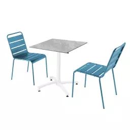 Ensemble table de jardin stratifié marbre et 2 chaises bleu pacific