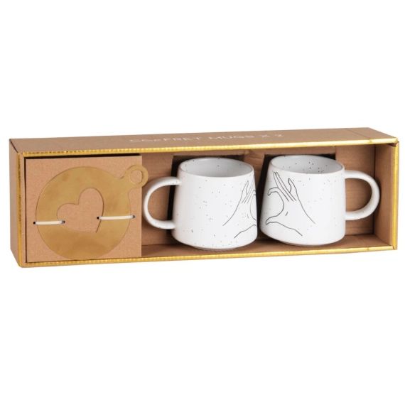 Coffret mugs (x2) en grès blanc pochoir cœur en métal doré