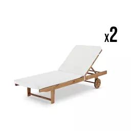 Lot de 2 chaises longues en bois avec roues et coussin