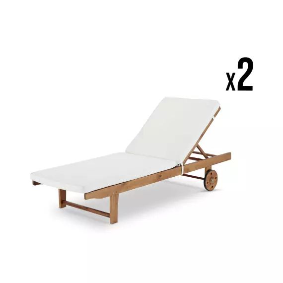 Lot de 2 chaises longues en bois avec roues et coussin
