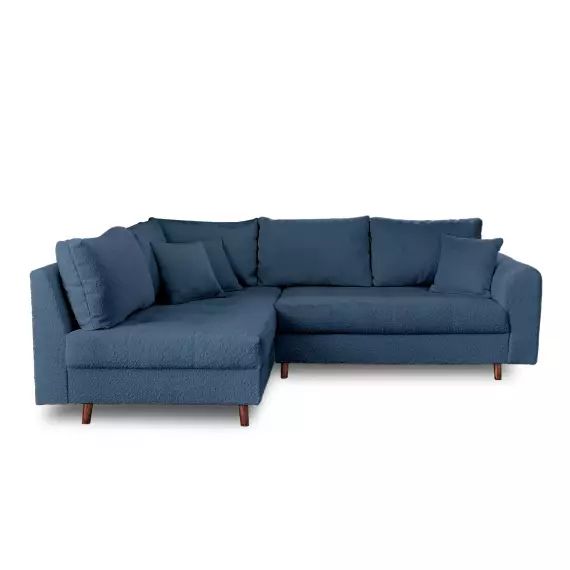 Canapé d’angle gauche 4 places en tissu bouclette bleu nuit