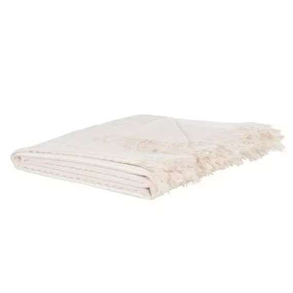 Plaid en coton tissé et texturé à franges beige et blanc 160×210