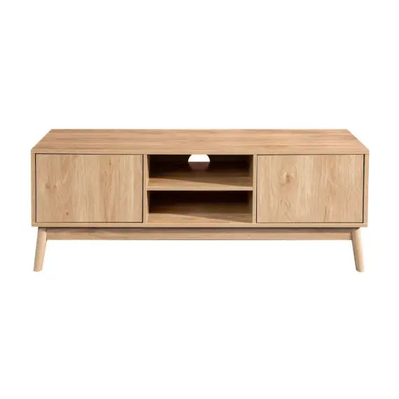 Meuble TV vintage avec 2 portes et 2 etagères en bambou et MDF marron