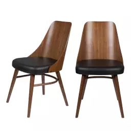 2 chaises en bois et simili bois foncé  et  noir