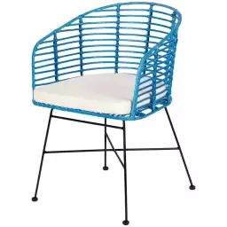 Chaise en rotin tressé bleu et métal