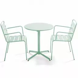 Ensemble table de jardin et 2 fauteuils métal vert sauge
