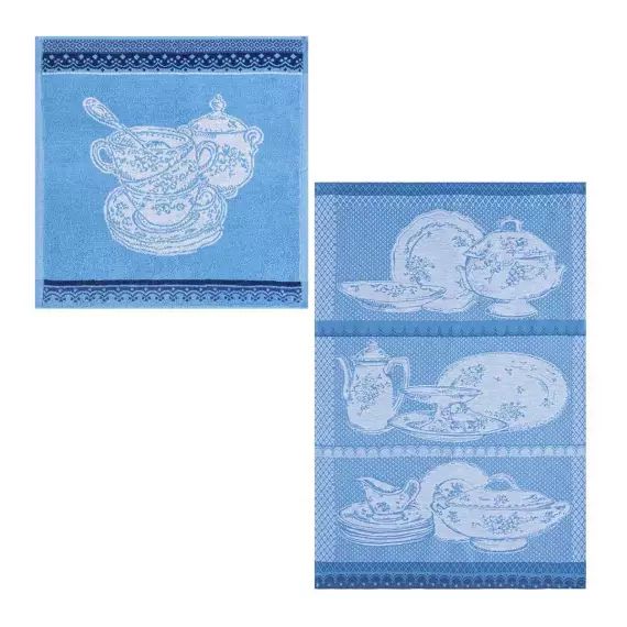 Lot 1 torchon et carré éponge en jacquard de coton bleu moyen 50×75