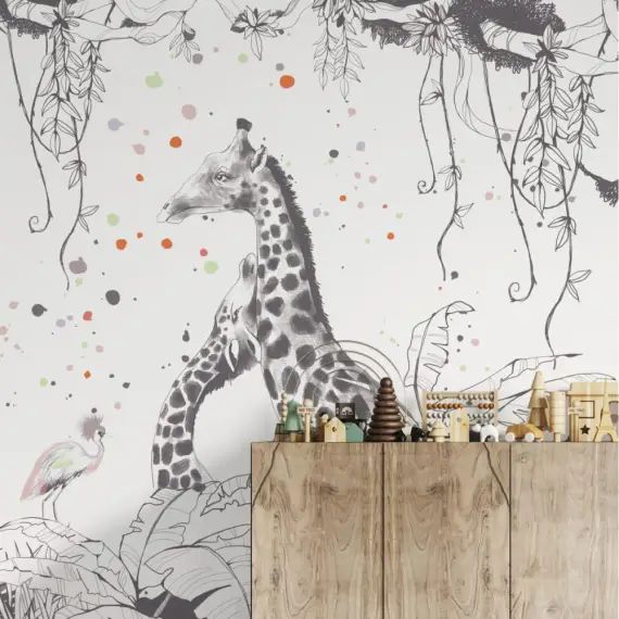 Papier peint enfant panoramique enfant scène girafes – 250×340