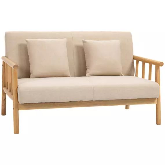 Canapé lounge 2 places avec coussins – bois hévéa aspect lin beige