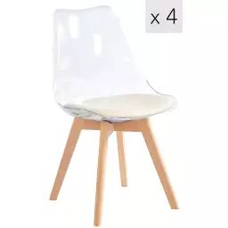 Lot de 4 chaises transparentes avec pieds en bois et assise beige