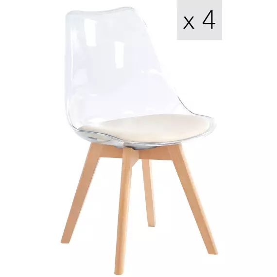 Lot de 4 chaises transparentes avec pieds en bois et assise beige
