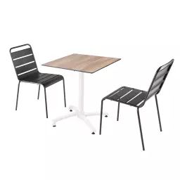 Ensemble table de jardin stratifié chêne foncé et 2 chaises gris
