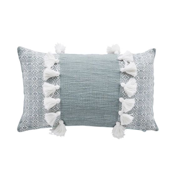 Coussin en coton recyclé tissé bleu avec pompons 30×50
