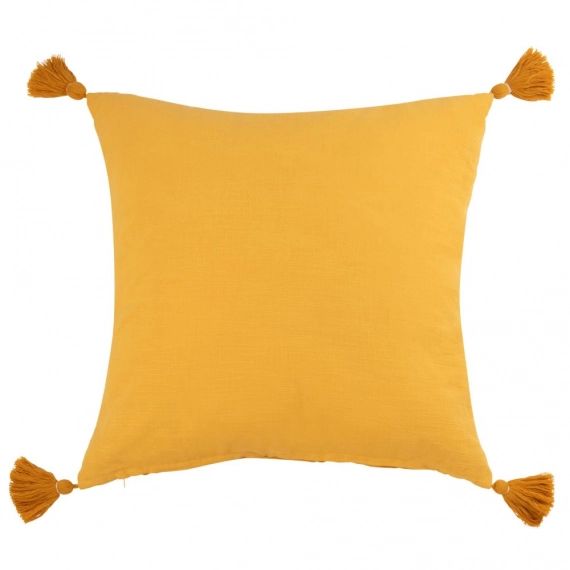 Coussin en coton jaune à pompons 50×50