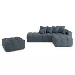 Canapé d’angle droit convertible en tissu 6 places bleu gris