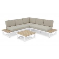 Topa, ensemble canapé d’angle d’extérieur et table basse, bois d’acacia et métal blanc