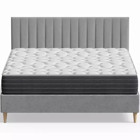 Pack lit 160×200 en velours gris clair + Matelas mémoire de forme