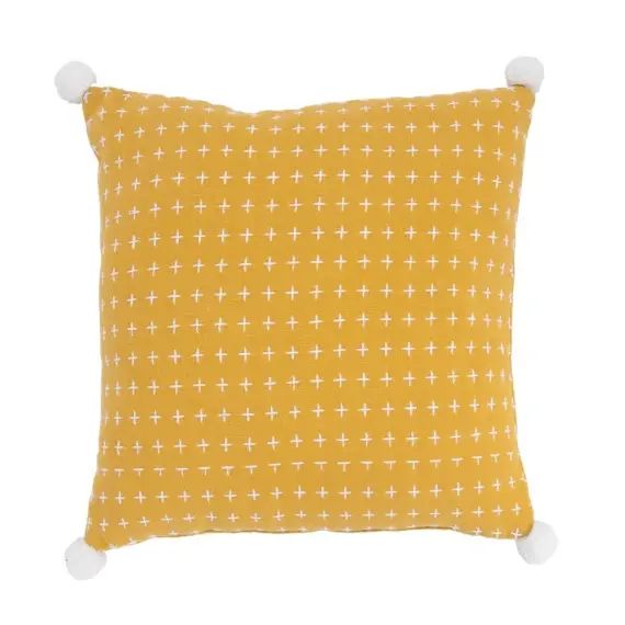 Coussin polycoton curry avec pompons 40x40cm