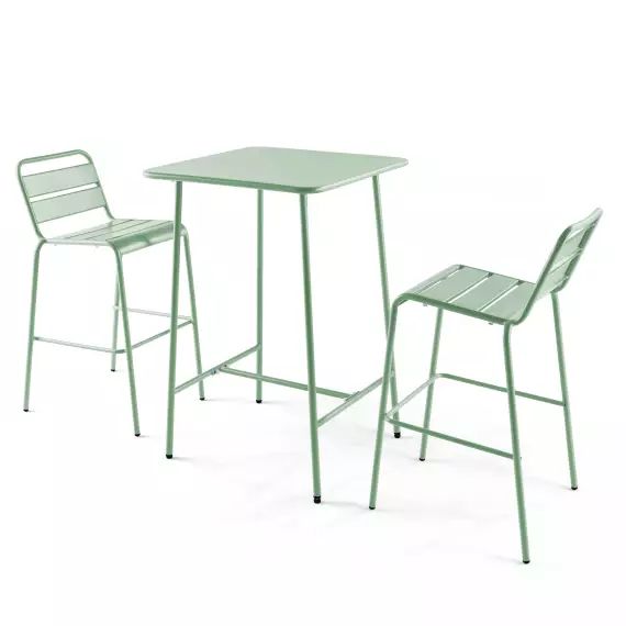 Ensemble table de bar et 2 chaises hautes en métal vert sauge