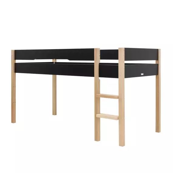 Lit mezzanine mi-hauteur 90×200 en MDF et hêtre noir mat