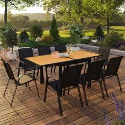 Salon de jardin avec table bois et noir + 8 chaises