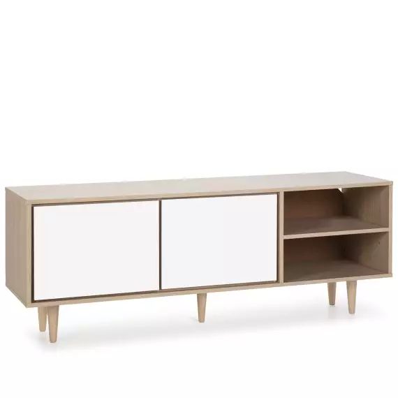 Meuble tv 2 portes et 2 niches couleur chêne/blanc, 140 cm longueur