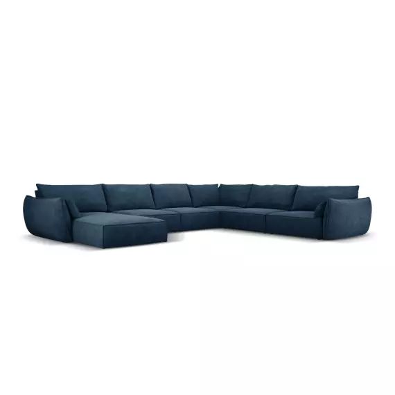 Canapé d’angle droit panoramique 8 places en tissu chenille bleu roi