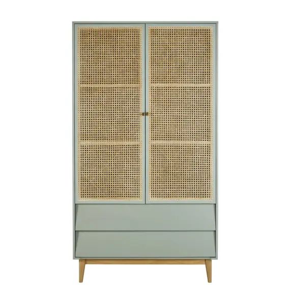 Armoire 2 portes 2 tiroirs bleu gris cannage en rotin