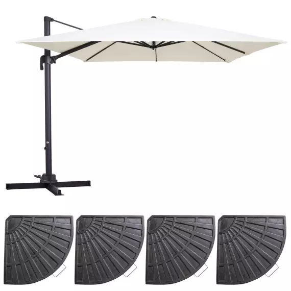 Parasol déporté 3x3m et 4 dalles lestées aluminium blanc