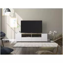 Meuble TV ALICE 4 portes et 2 niches de rangement L138cm – Blanc et Bois – 138 x 42 x 36 cm – Usinestreet
