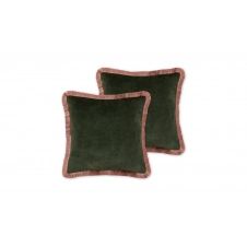 Kili, lot de 2 coussins à franges en velours 45 x 45 cm, vert foncé et rose