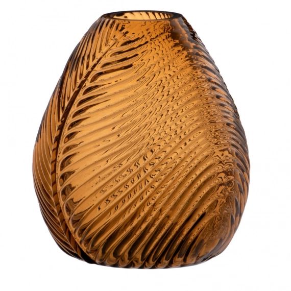 Vase feuille en verre strié teinté ambre H15