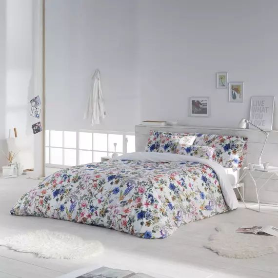 Housse de couette imprimé floral en percale Coton Bleu 150×220 cm