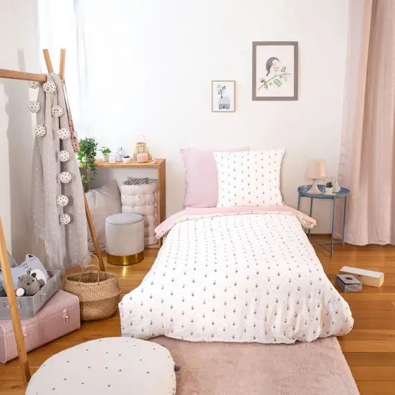 Parure de couette en gaze de coton fleurie blanc rose 200 x 140