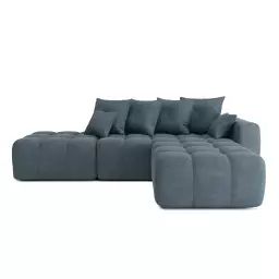Canapé d’angle droit convertible en tissu 5 places bleu gris