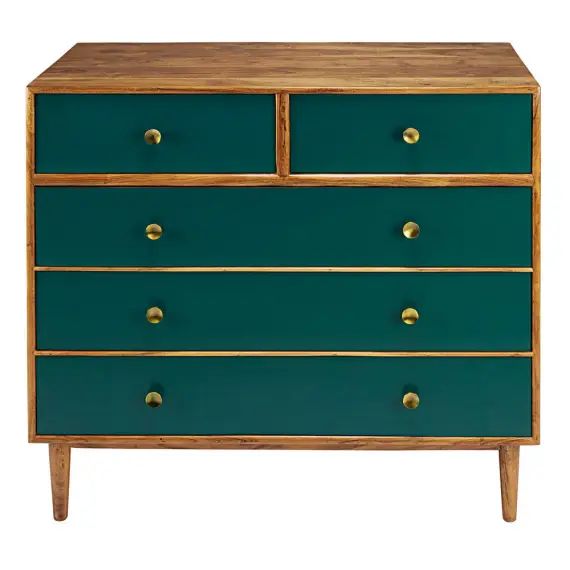 Commode 5 tiroirs en acacia massif vert Ikat