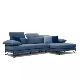 Canapé d’angle droit 4 places en tissu bleu foncé avec coussins déco