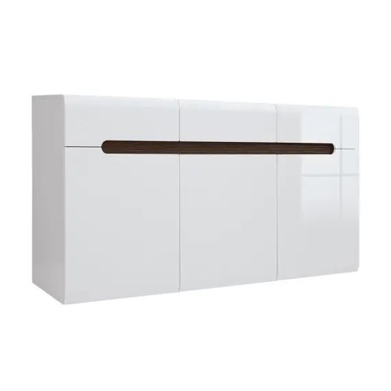 Buffet 3 portes 3 tiroirs blanc laqué et naturel