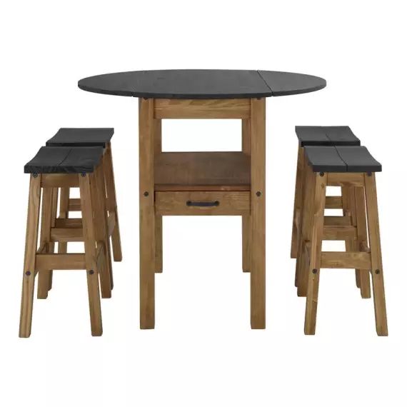 Table + 4 tabourets de bar JANE 2  bois massif/ noir