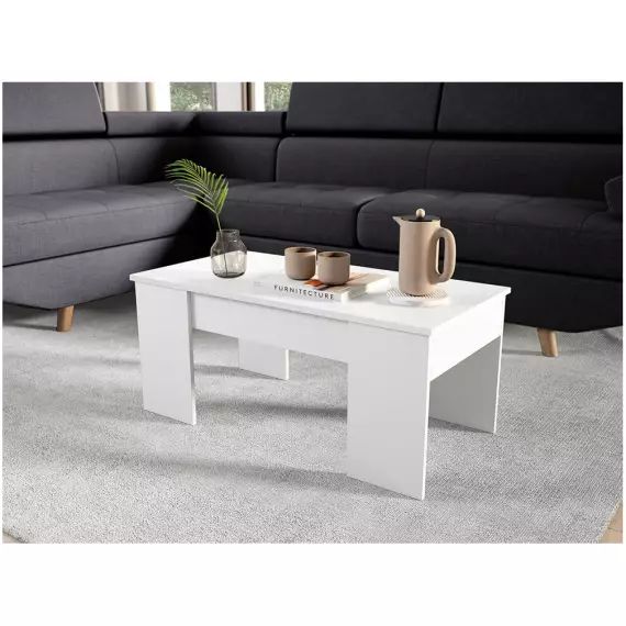 Table basse GOTHAM avec plateau relevable et rangement – Blanc – 100 x 50 x 45 cm – Usinestreet