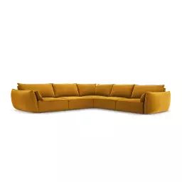 Canapé d’angle symétrique 7 places en tissu velours jaune