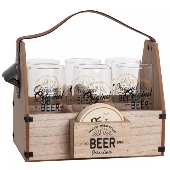 Composition verres à bière (x6), dessous de verres et support en bois d&rsquo;eucalyptus