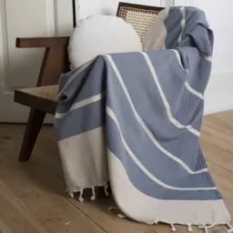 Plaid en coton 130×170 Bleu Marine et Taupe Clair