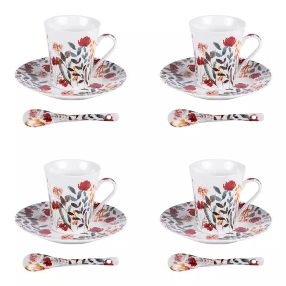Coffret 4 tasses avec cuillères 16 cl   en porcelaine  décoré