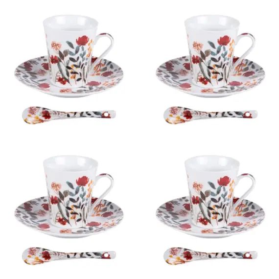 Coffret 4 tasses avec cuillères 16 cl   en porcelaine  décoré