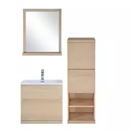 Meuble salle de bain avec colonne, vasque, miroir effet bois clair