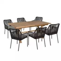 Salon de jardin 6 pers. – 1 table rect. 180x100cm et 6 fauteuils gris